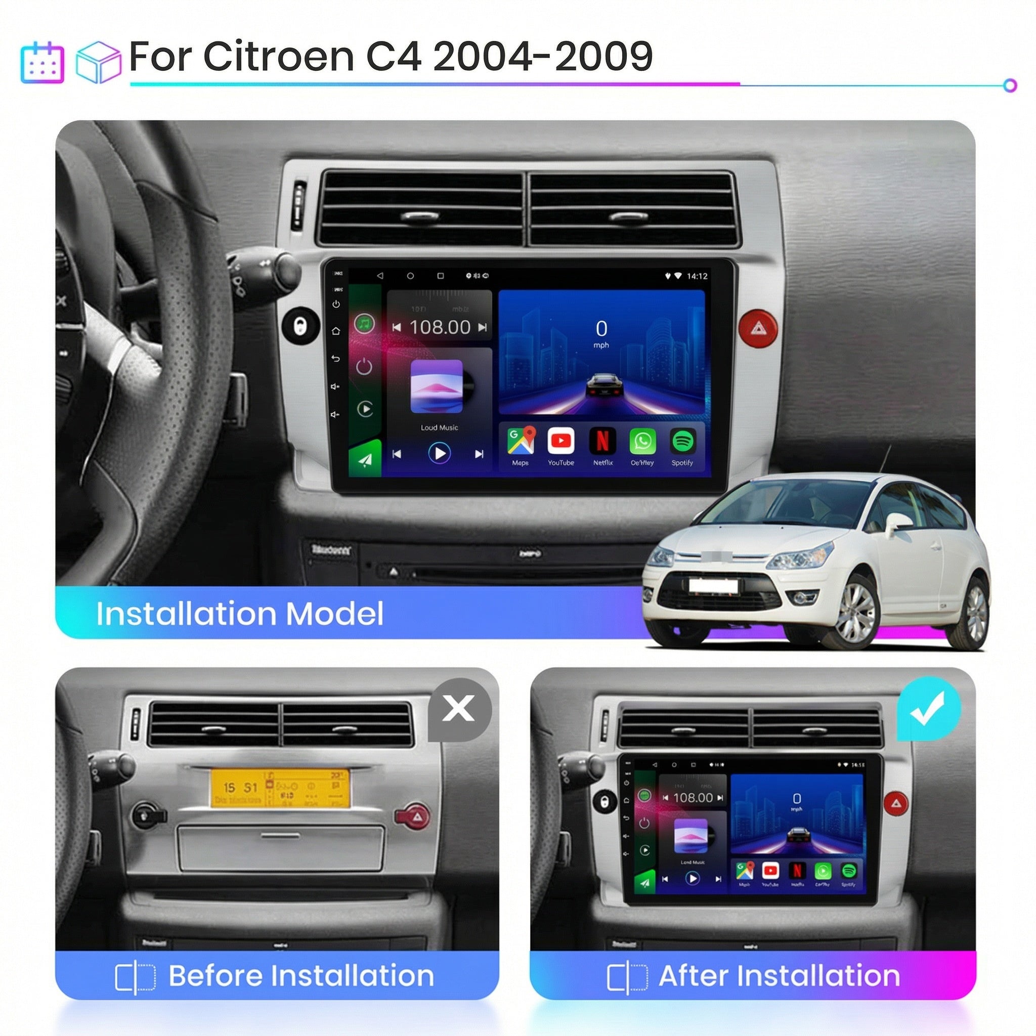 Citroen C4 2004-2009 Android 14 Car Stereo Head Unit CarPlay Android Auto - Pluscenter