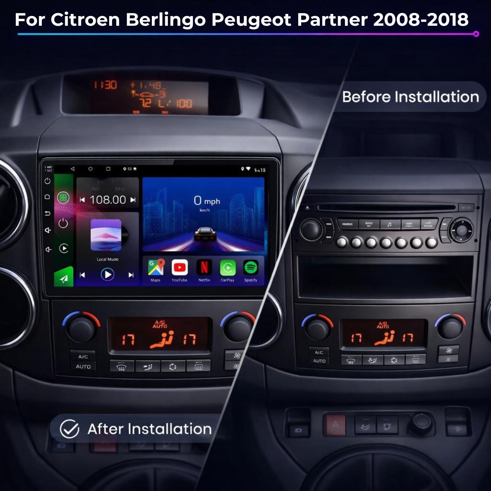 Citroen Berlingo | Peugeot Partner | 2008-2018 | Android 14 | Car Stereo | Head Unit - Pluscenter